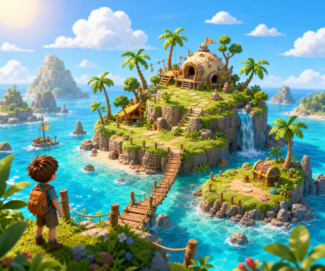Adventure island world with palm trees, a bridge, and a treasure chest.