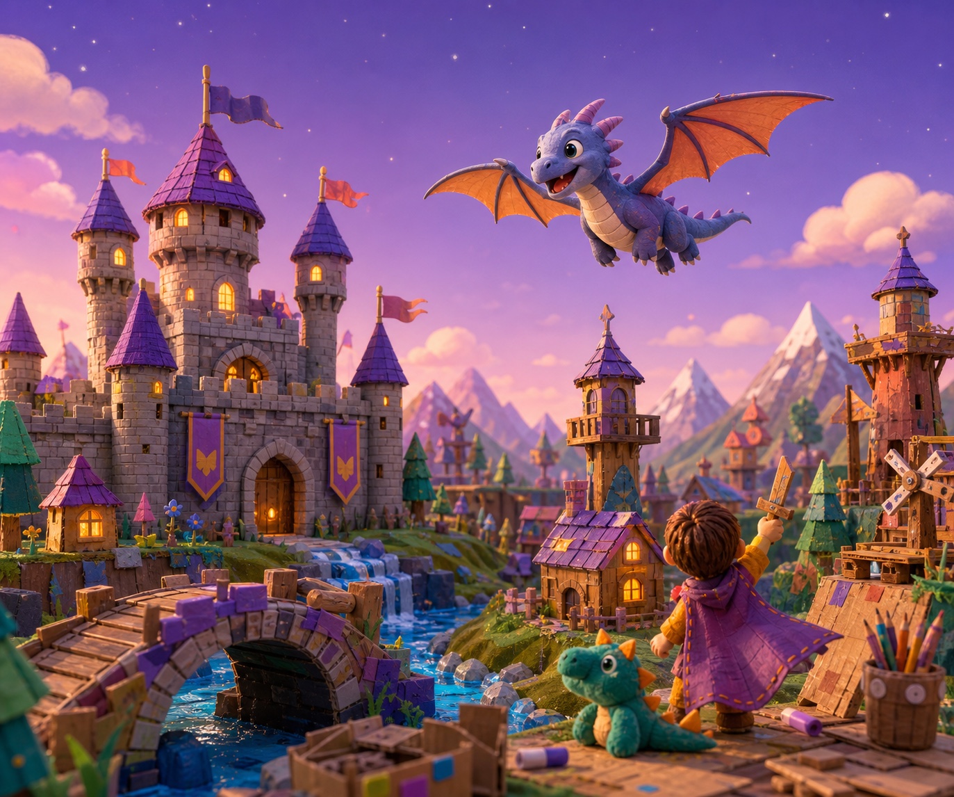 Dragon kingdom world with a castle, banners, and a friendly dragon.