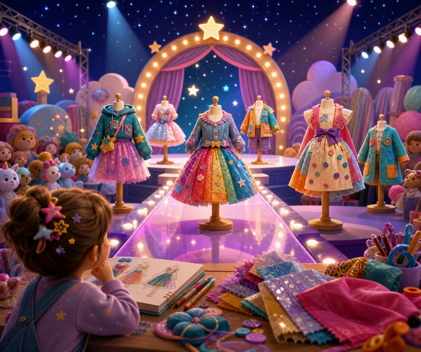 Fashion show world with a glowing runway and handmade outfits.