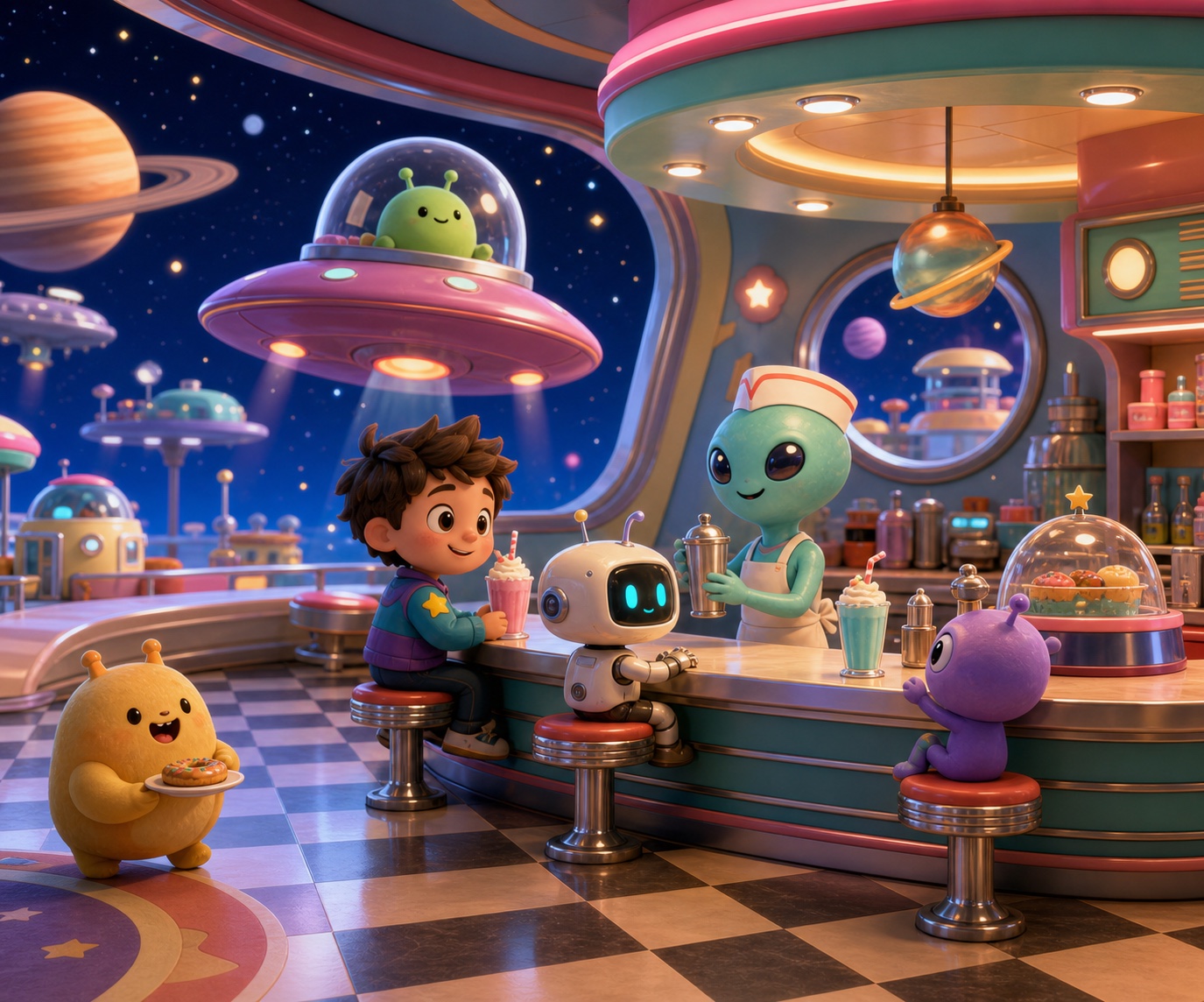 Space diner world with planets, a counter, and friendly visitors.