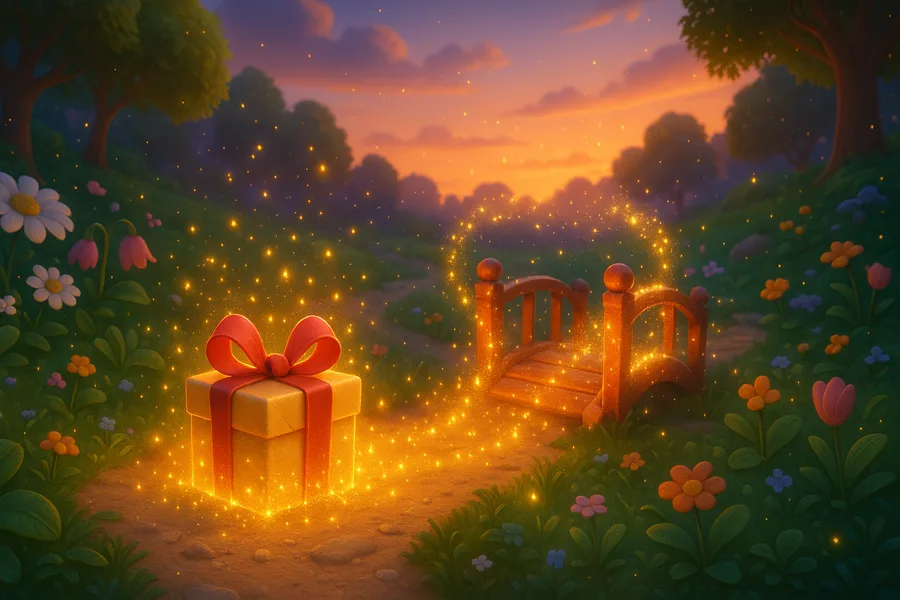 A wrapped gift and a little red bridge appearing out of warm sparkling light on a garden path.