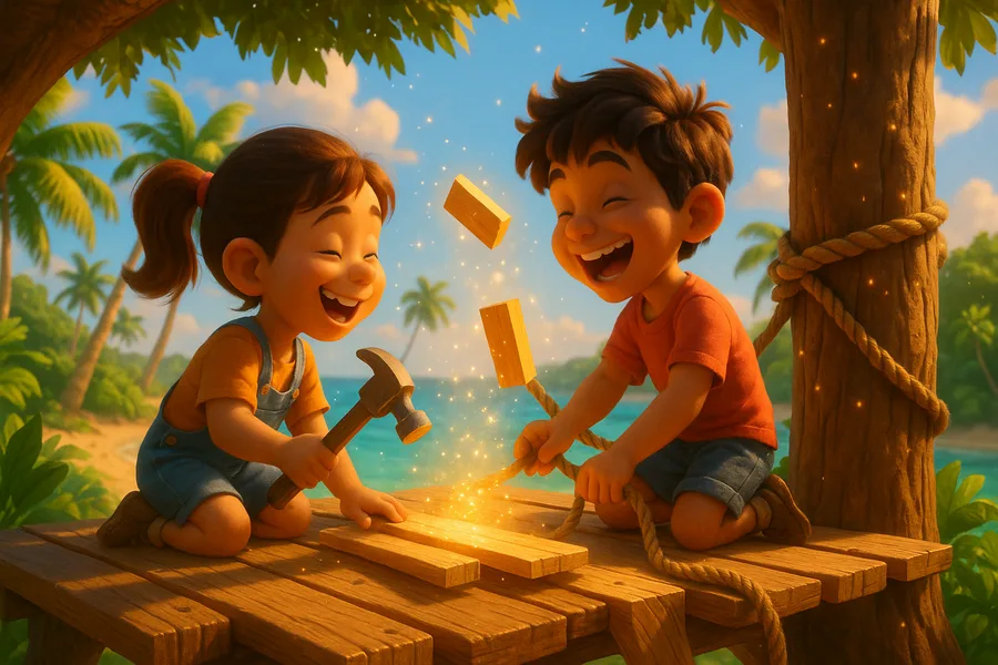 Two kids building a wooden treehouse platform together, side by side, on a sunny tropical island.